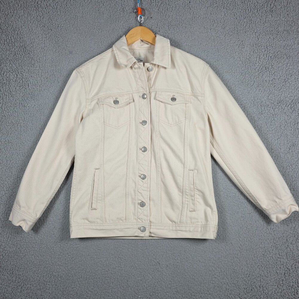 J Crew Denim Jacket Women XS Ecru Relaxed Trucker Twill Speckled Chic 100%Cotton